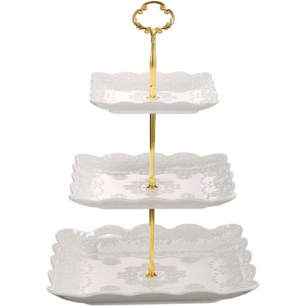 3 Tier Porcelain Cupcake Stand, Tiered Serving Cake Stand, Square White Embossed